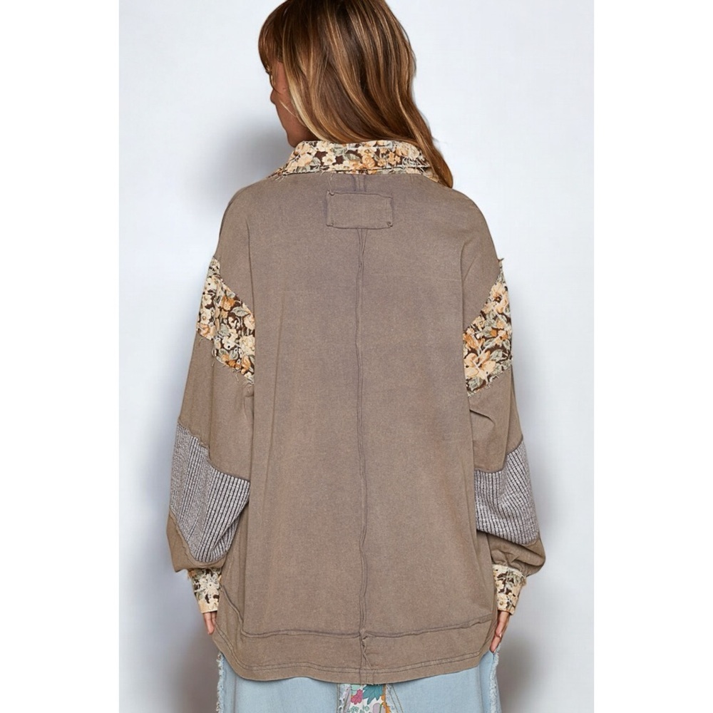 POL Gray Balloon Sleeve Polo Top | Oversized Half Button Floral Contrast Shirt - Picture 3 of 7